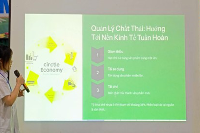 Học sinh thuyết trình một số giải pháp bảo vệ môi trường, vì một hành tinh xanh.