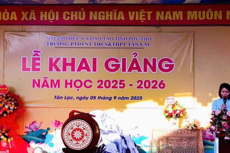 Cô Bùi Thị Hải Yến- Bí thư Đảng bộ, hiệu trưởng Nhà trường phát biểu khai giảng 